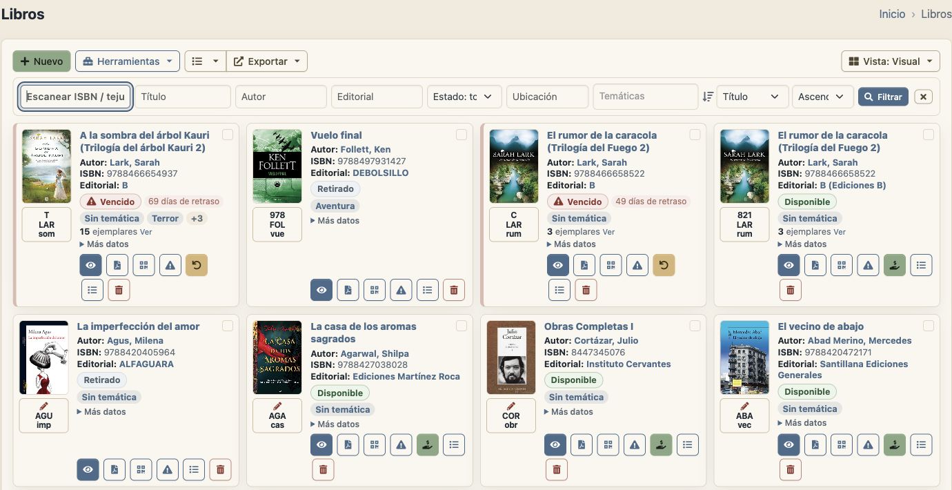 Catálogo real de Bibliocloud con el tema Biblioteca, portadas y disponibilidad de los libros