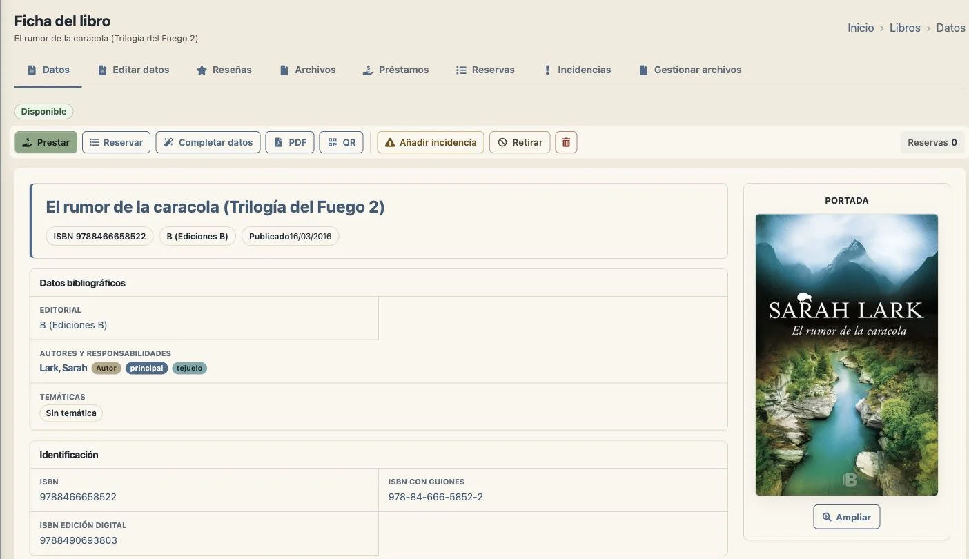 Ficha de un libro en Bibliocloud con el tema Biblioteca, sus datos bibliográficos, portada y disponibilidad
