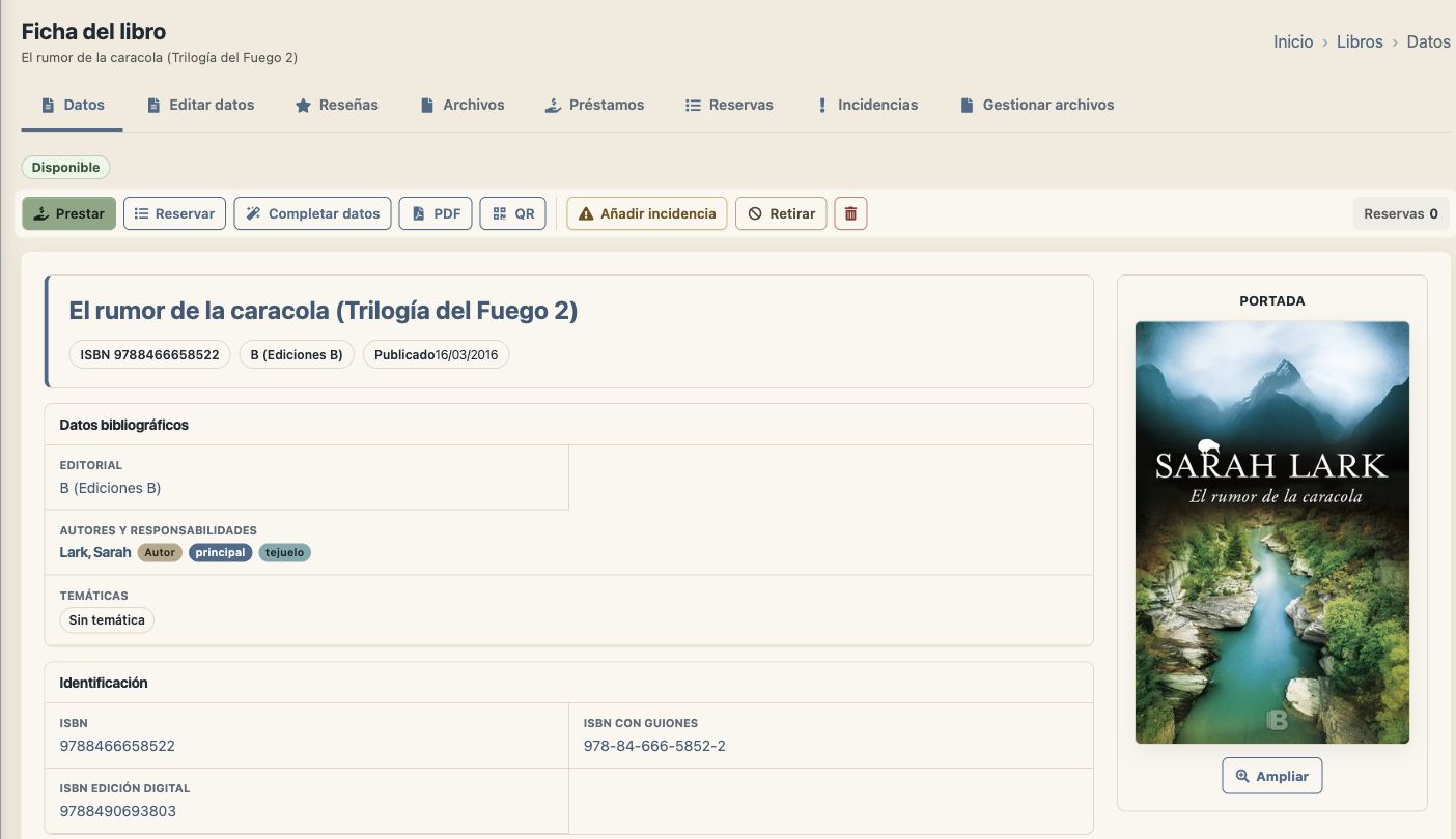 Ficha de un libro en Bibliocloud con el tema Biblioteca, sus datos bibliográficos, portada y disponibilidad